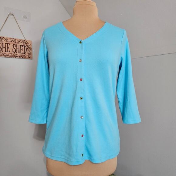 NEW Quacker Factory Top Womens XS Blue Beaded Button Front 3/4 Sleeve Grannycore - Picture 14 of 15